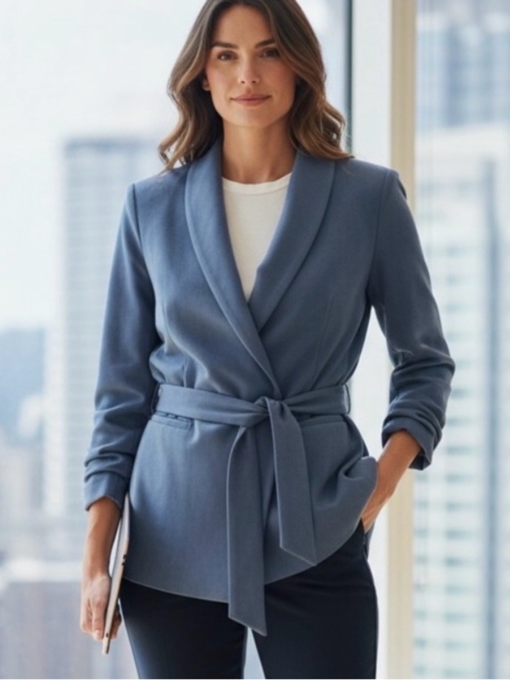 White House Black Market Slate Blue Belted Blazer